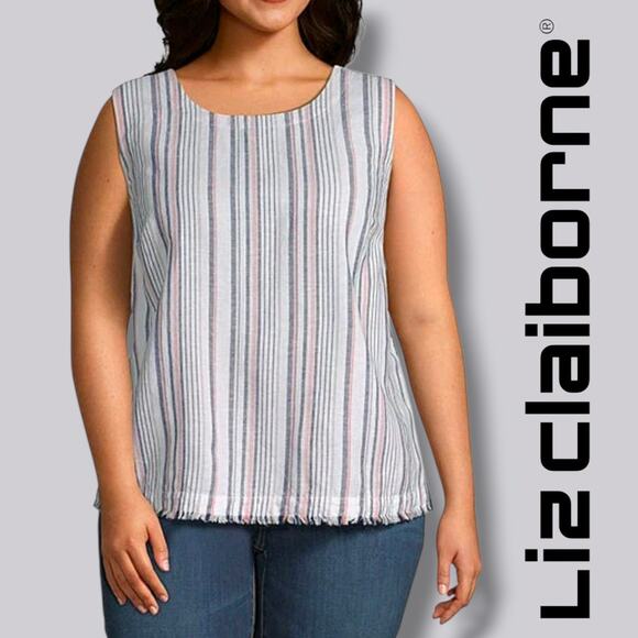 Liz Claiborne Women’s Linen Blend Striped Sleeveless Top Fringe Hem Casual Tank - Picture 6 of 7